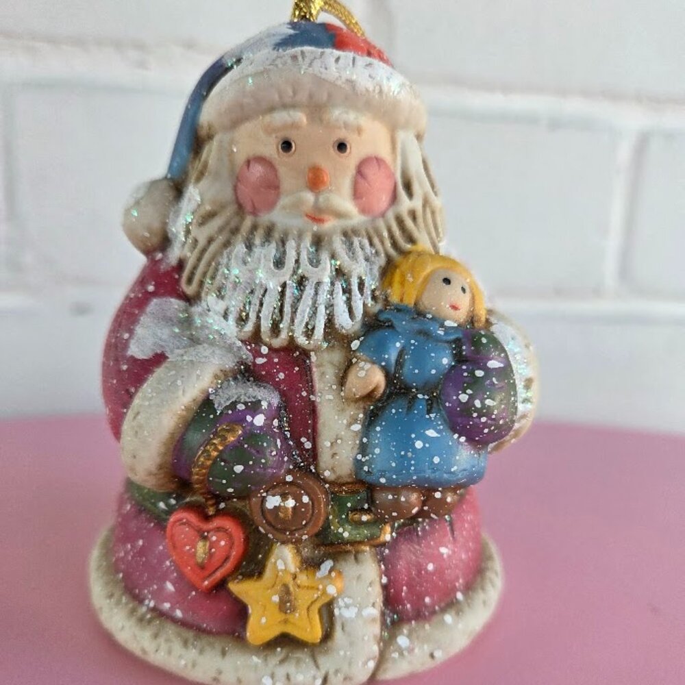 Vintage Christmas Holiday Santa Bell Ceramic Tree Ornament Classic Santa & Toys